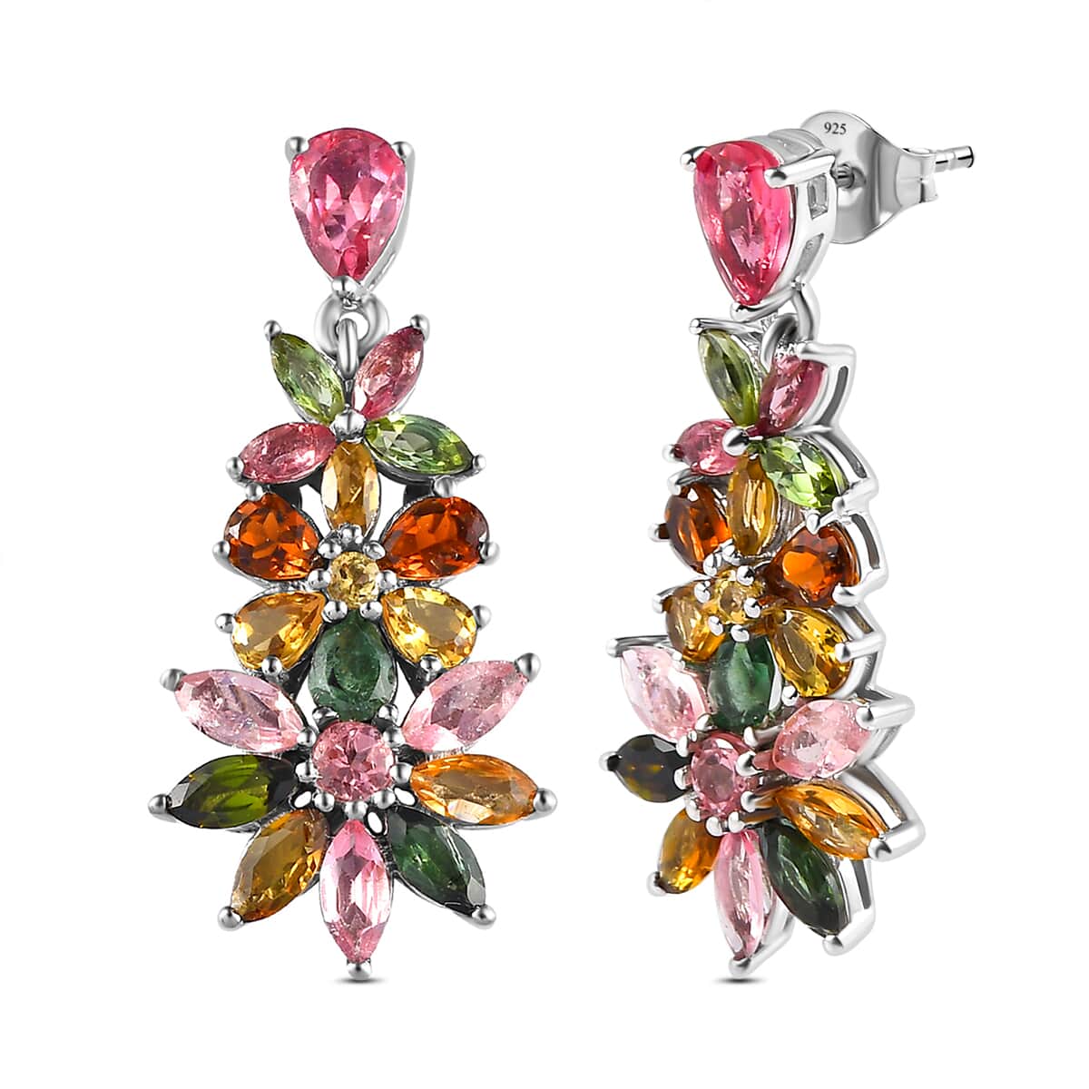 Multi-Tourmaline Floral Dangle Earrings in Platinum Over Sterling Silver 5.25 ctw image number 3
