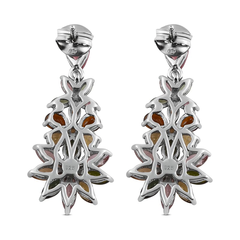 Multi-Tourmaline Floral Dangle Earrings in Platinum Over Sterling Silver 5.25 ctw