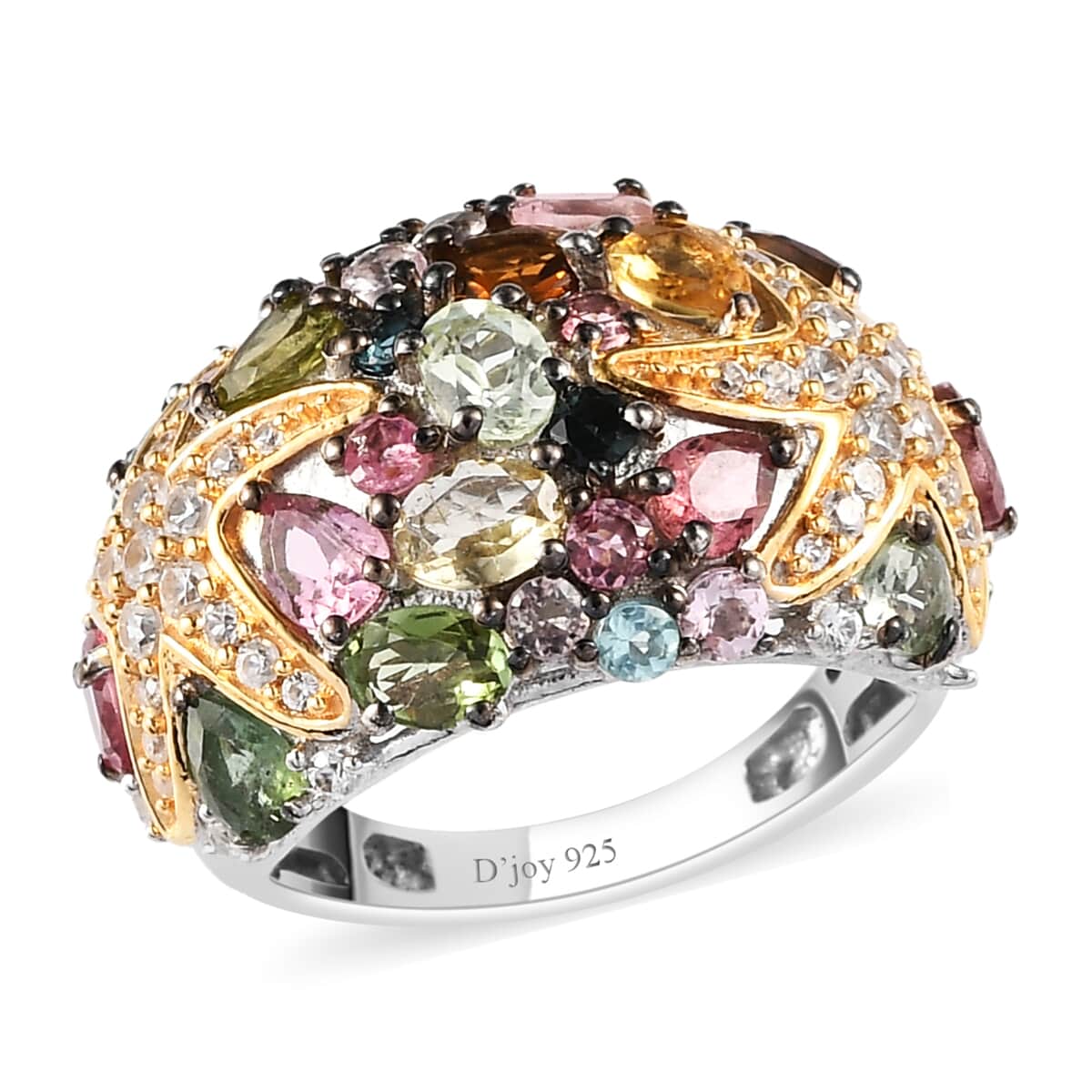 Multi-Tourmaline and Natural White Zircon Cluster Ring in Vermeil YG and Platinum Over Sterling Silver (Size 6.0) 3.50 ctw image number 0