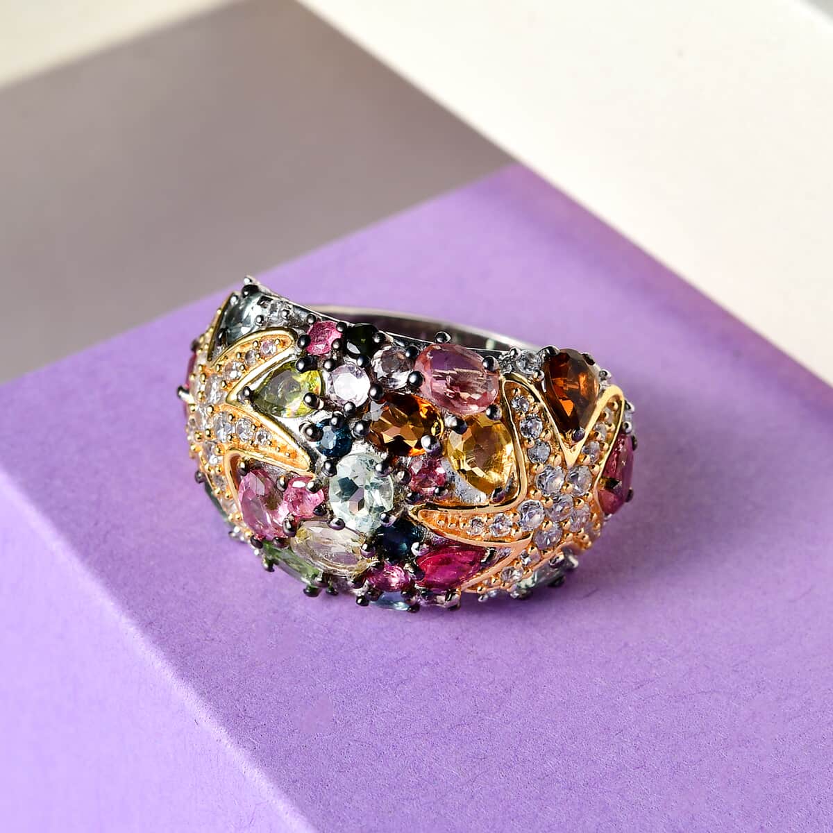 Multi-Tourmaline and Natural White Zircon Cluster Ring in Vermeil YG and Platinum Over Sterling Silver (Size 6.0) 3.50 ctw image number 1