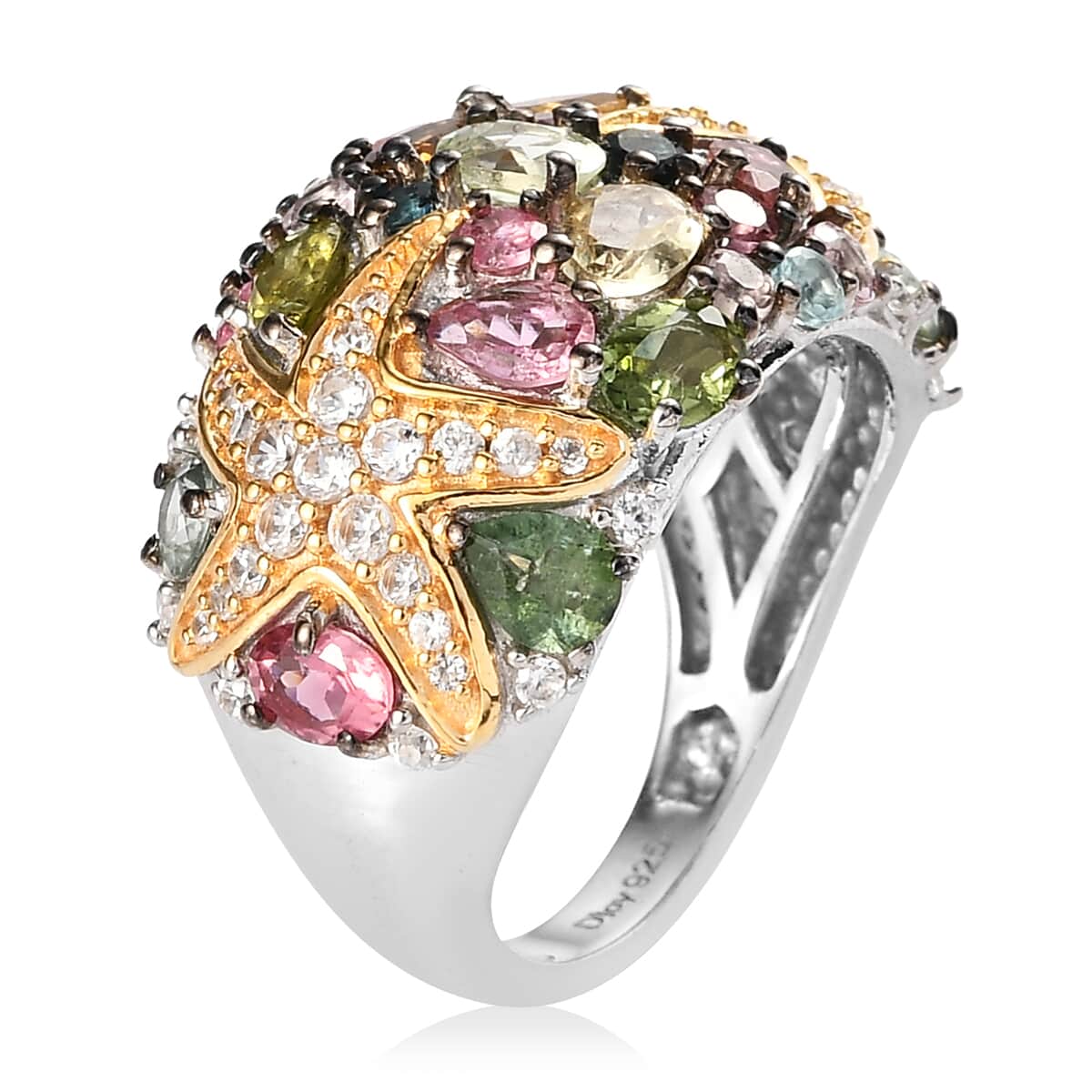 Multi-Tourmaline and Natural White Zircon Cluster Ring in Vermeil YG and Platinum Over Sterling Silver (Size 6.0) 3.50 ctw image number 3