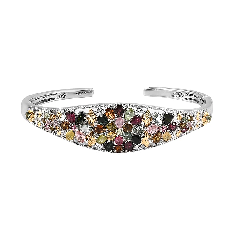 Multi-Tourmaline Cuff Bracelet in Vermeil Yellow Gold and Platinum Over Sterling Silver (7.25 In) 7.10 ctw
