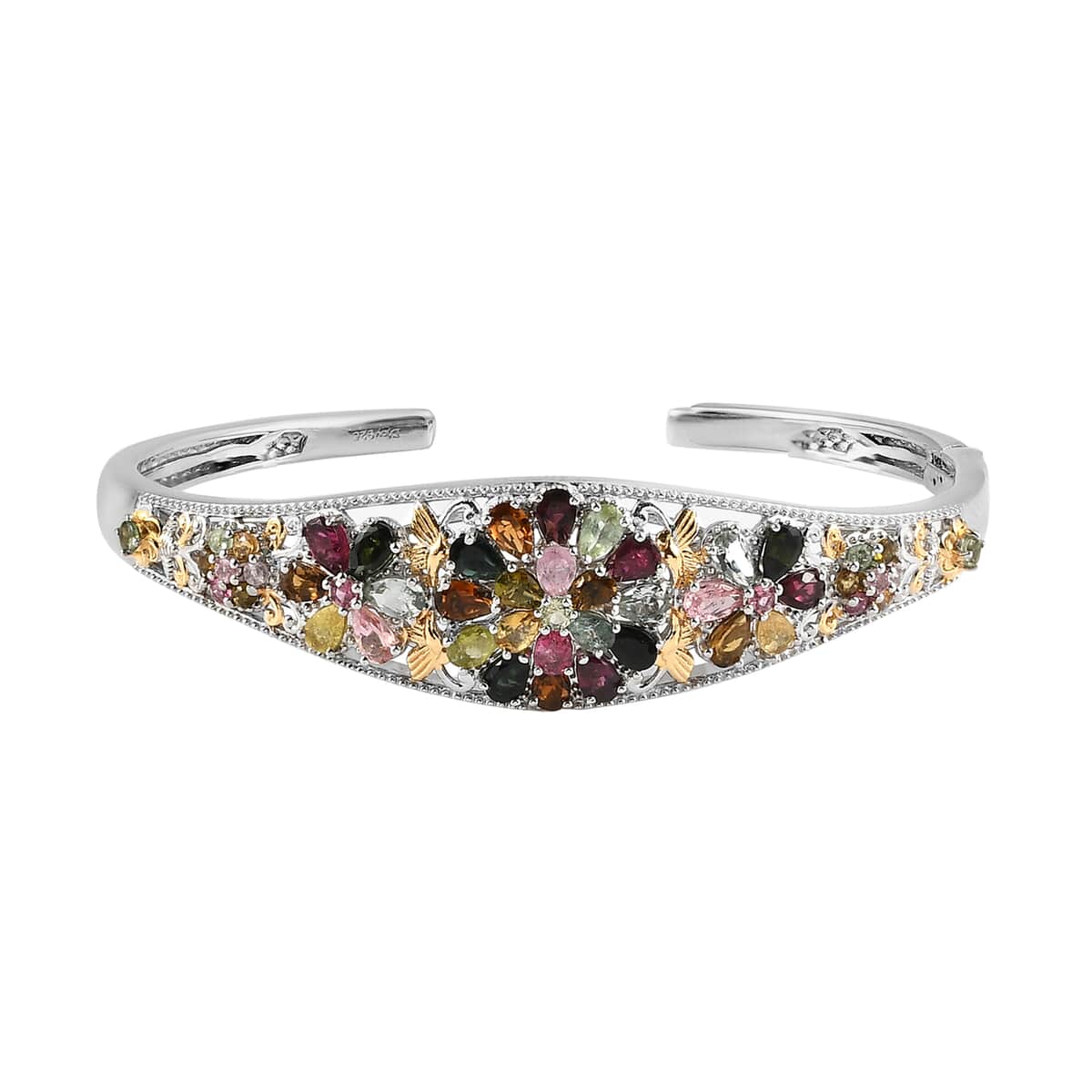 Multi-Tourmaline Cuff Bracelet in Vermeil Yellow Gold and Platinum Over Sterling Silver (7.25 In) 7.10 ctw image number 0