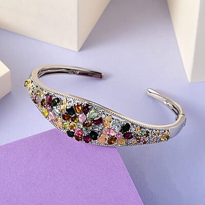 Multi-Tourmaline Cuff Bracelet in Vermeil Yellow Gold and Platinum Over Sterling Silver (7.25 In) 7.10 ctw