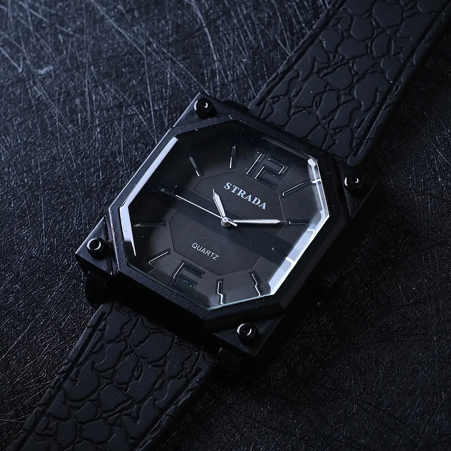 Strada Japanese Movement Octagonal Dial Sports Watch with Black Silicone Strap