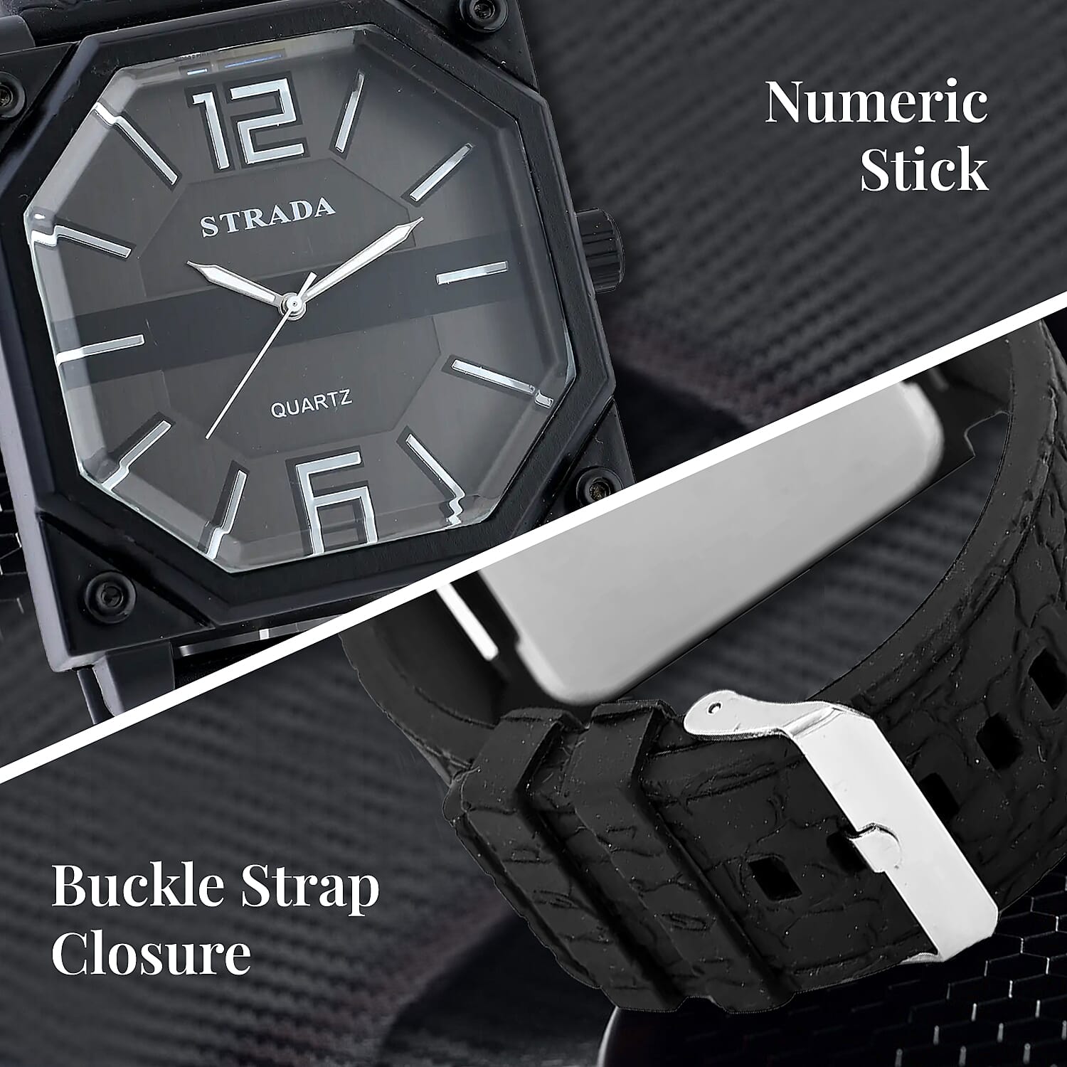 Strada Japanese Movement Octagonal Dial Sports Watch with Black Silicone Strap