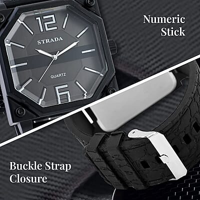 Strada Japanese Movement Octagonal Dial Sports Watch with Black Silicone Strap