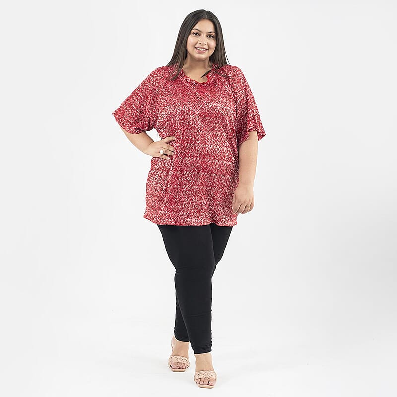 Tamsy Red Poly Knitted Foil Print Pleated Tunic - One Size Missy
