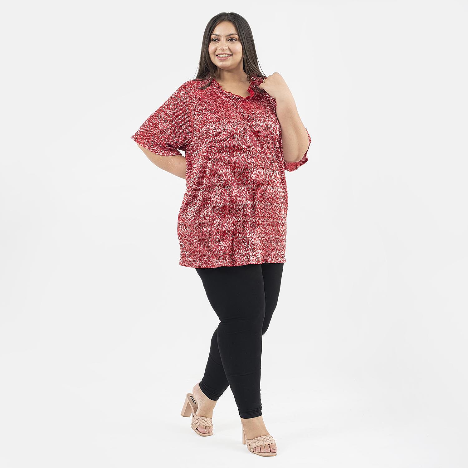 Tamsy Red Poly Knitted Foil Print Pleated Tunic - One Size Missy