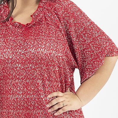 Tamsy Red Poly Knitted Foil Print Pleated Tunic - One Size Missy