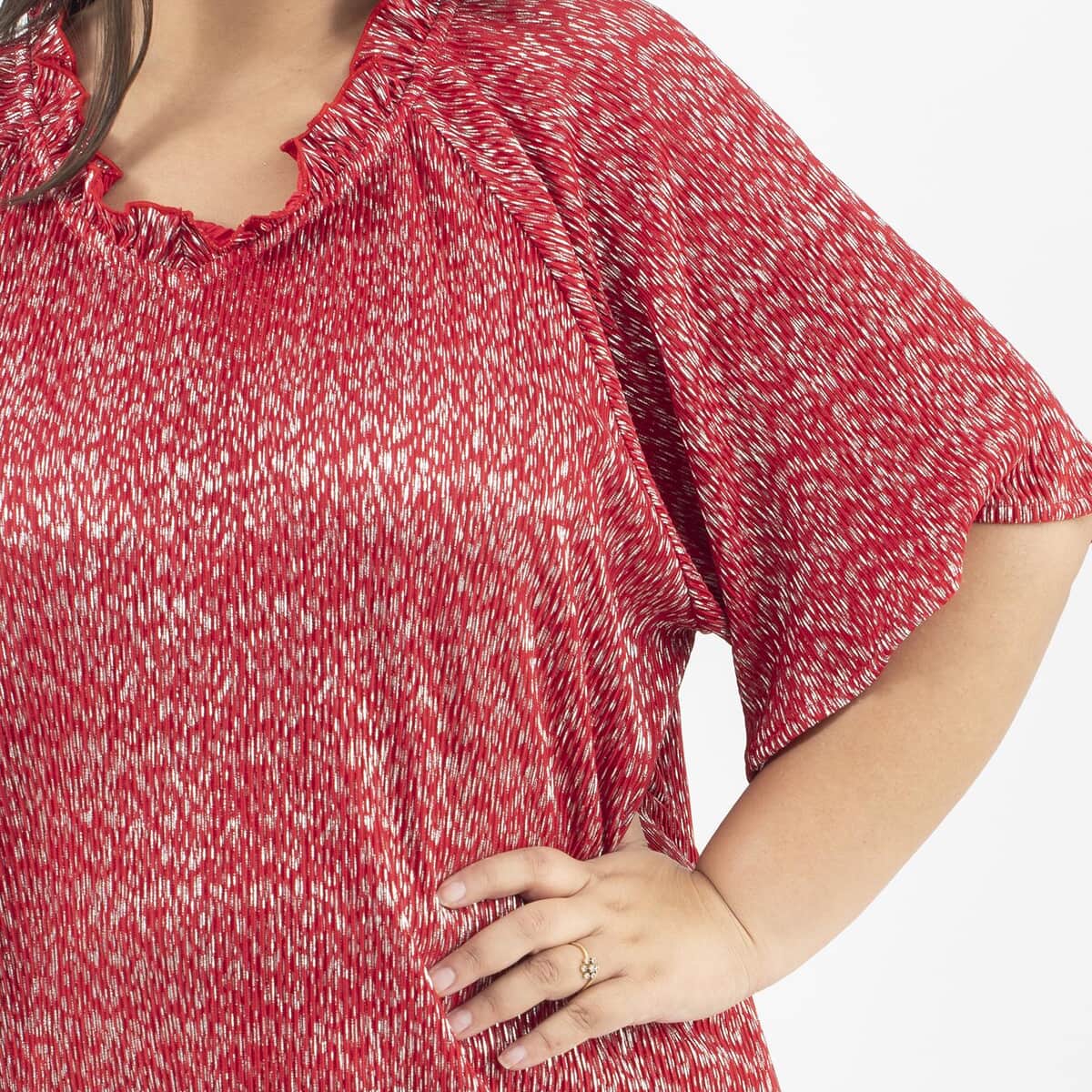 Tamsy Red Poly Knitted Foil Print Pleated Tunic - One Size Missy image number 3