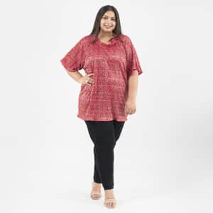 Tamsy Red Poly Knitted Foil Print Pleated Tunic - One Size Plus