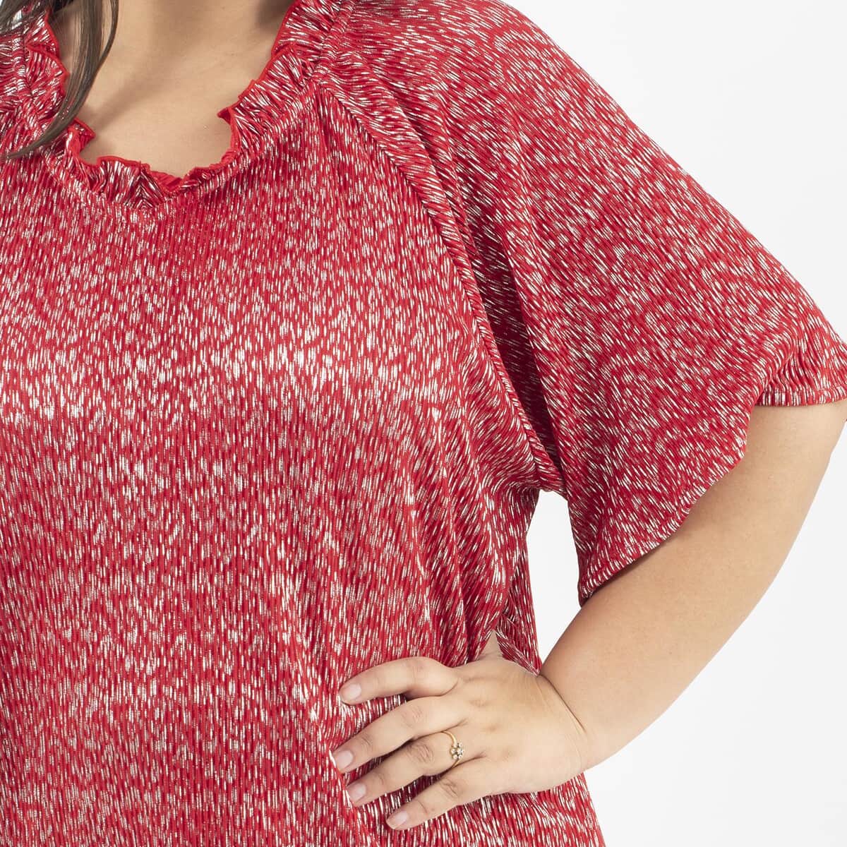 Tamsy Red Poly Knitted Foil Print Pleated Tunic - One Size Plus image number 3