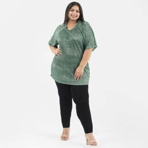 Tamsy Green Poly Knitted Foil Print Pleated Tunic - One Size Plus