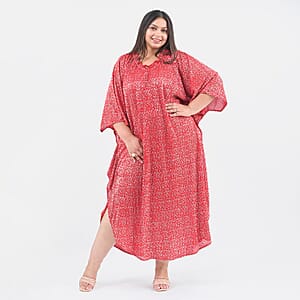 Tamsy Red Poly Knitted Foil Print Pleated Long Kaftan - One Size Fits Most