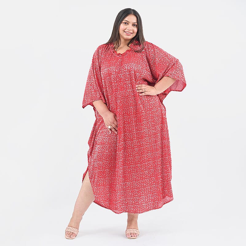Tamsy Red Poly Knitted Foil Print Pleated Long Kaftan - One Size Fits Most