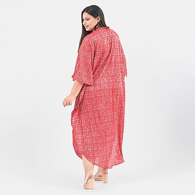 Tamsy Red Poly Knitted Foil Print Pleated Long Kaftan - One Size Fits Most