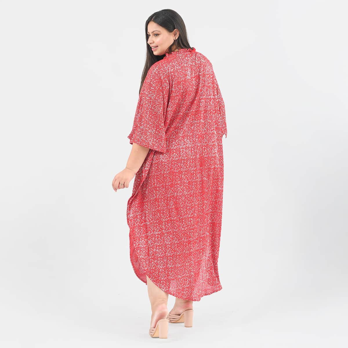 Tamsy Red Poly Knitted Foil Print Pleated Long Kaftan - One Size Fits Most image number 1
