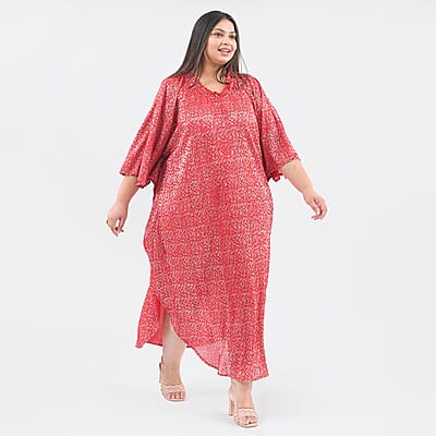 Tamsy Red Poly Knitted Foil Print Pleated Long Kaftan - One Size Fits Most