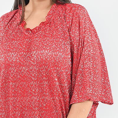 Tamsy Red Poly Knitted Foil Print Pleated Long Kaftan - One Size Fits Most