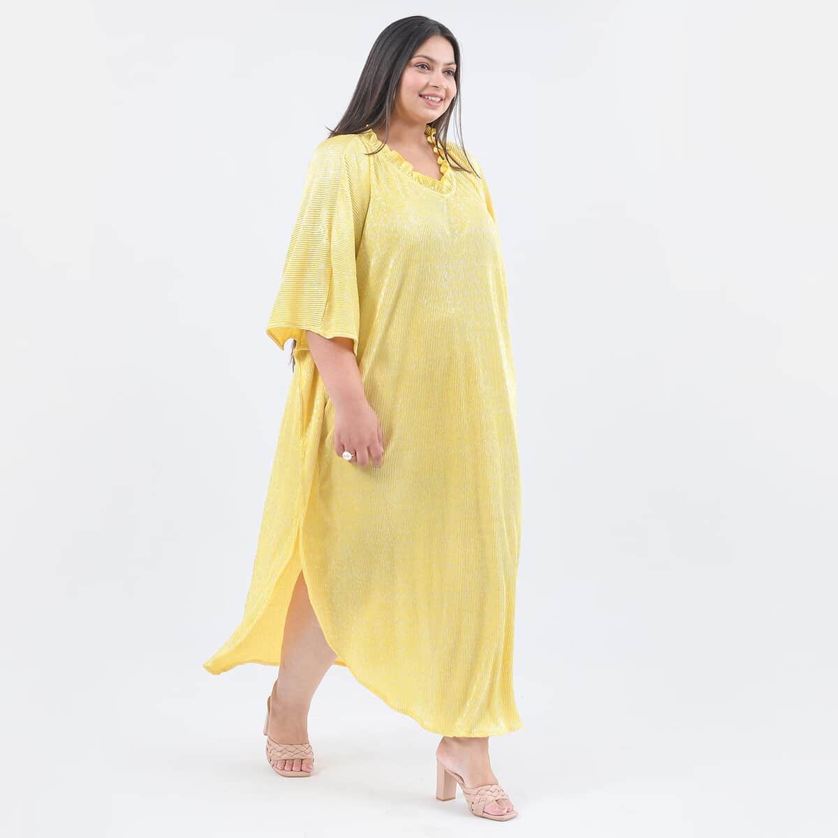 Tamsy Golden Poly Knitted Foil Print Pleated Long Kaftan - One Size Fits Most image number 2