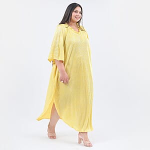 Tamsy Golden Poly Knitted Foil Print Pleated Long Kaftan - One Size Fits Most