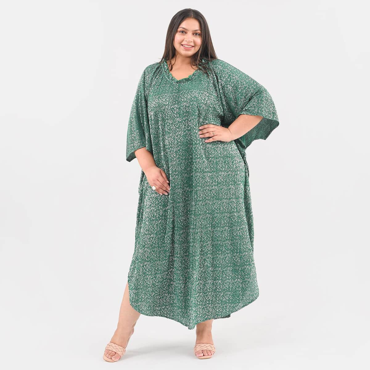 Tamsy Green Poly Knitted Foil Print Pleated Long Kaftan - One Size Fits Most image number 0