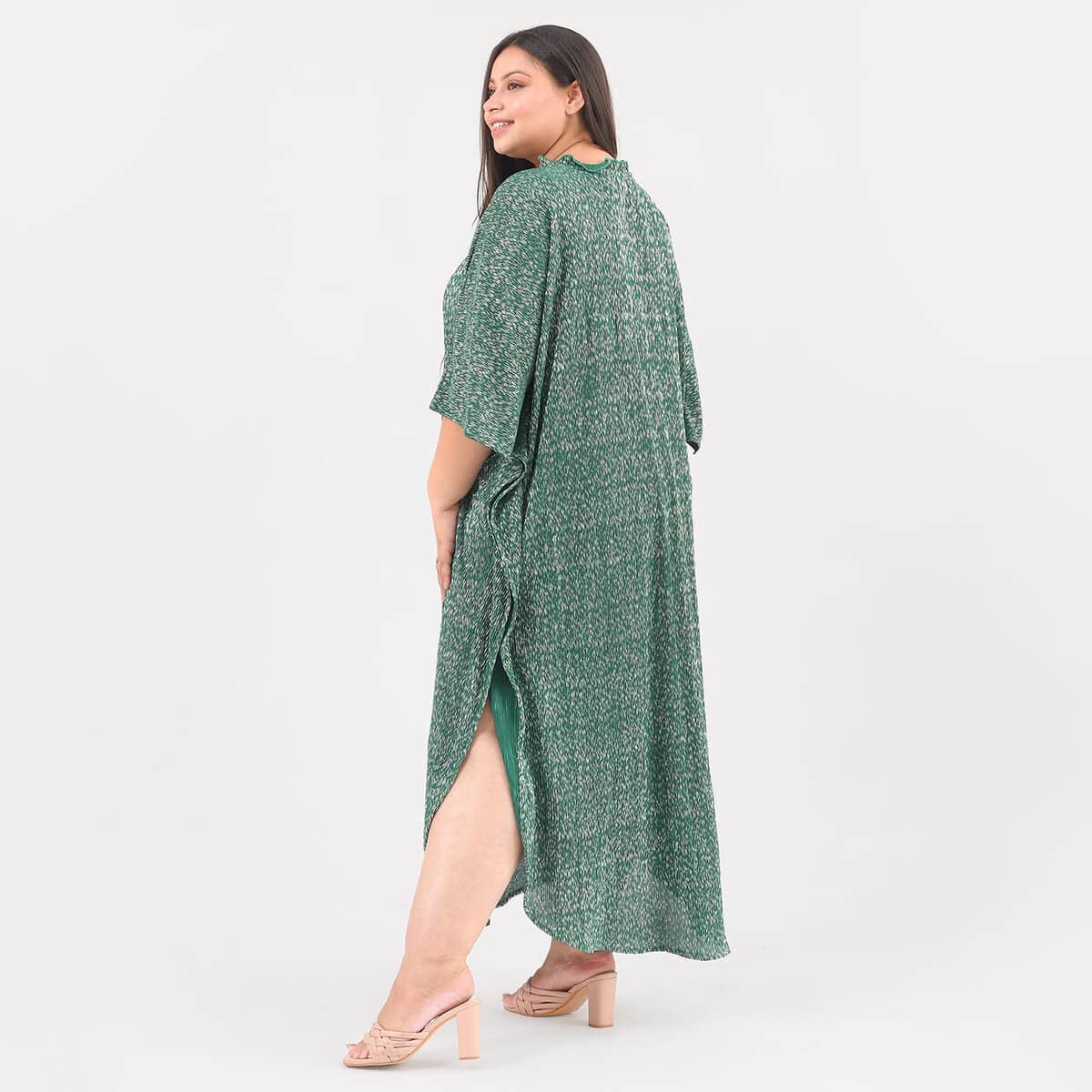 Tamsy Green Poly Knitted Foil Print Pleated Long Kaftan - One Size Fits Most image number 1