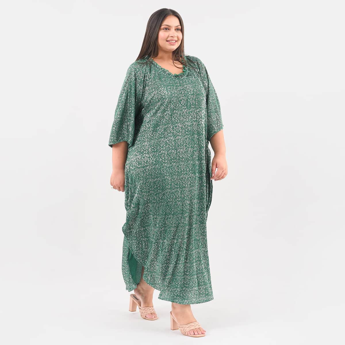 Tamsy Green Poly Knitted Foil Print Pleated Long Kaftan - One Size Fits Most image number 2