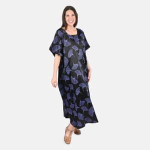 Tamsy Blue Leaf Print Silk Blend Square Neck Kaftan - One Size Fits Most
