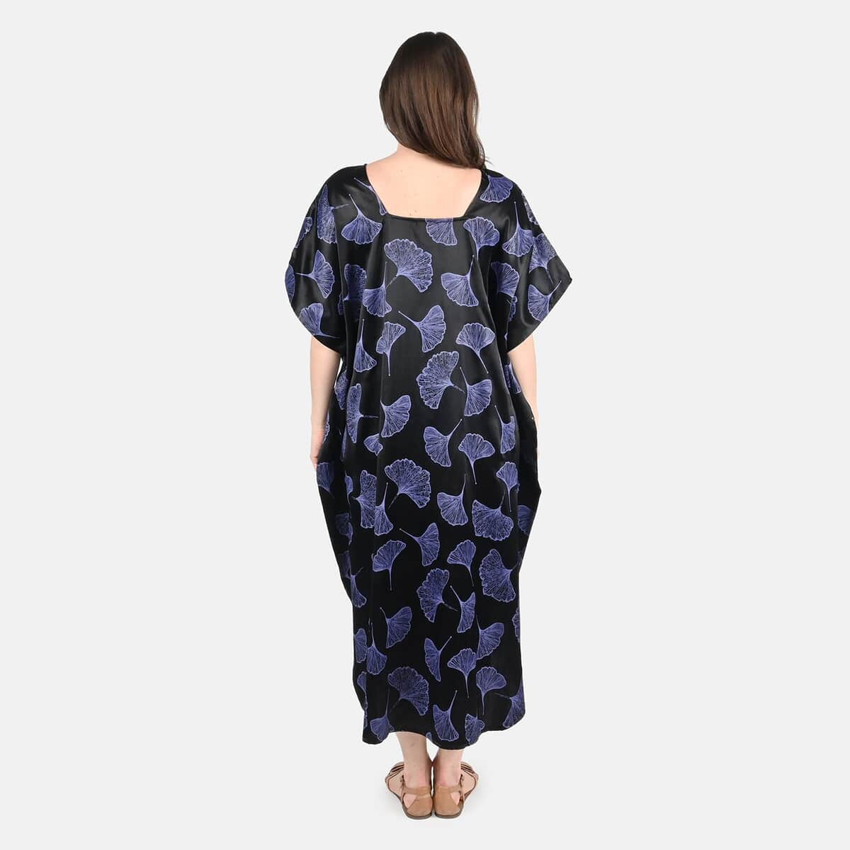 Tamsy Blue Leaf Print Silk Blend Square Neck Kaftan - One Size Fits Most image number 1