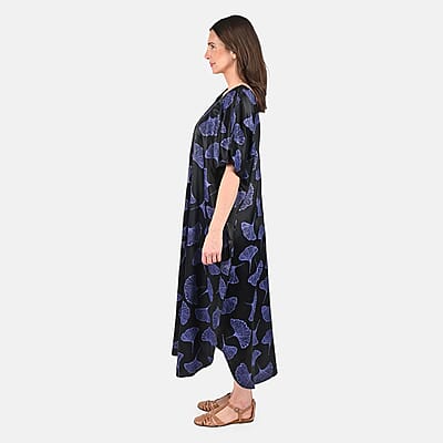 Tamsy Blue Leaf Print Silk Blend Square Neck Kaftan - One Size Fits Most