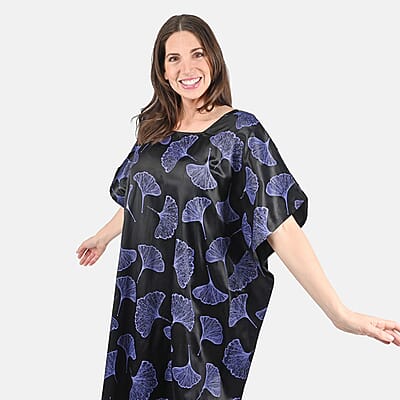 Tamsy Blue Leaf Print Silk Blend Square Neck Kaftan - One Size Fits Most