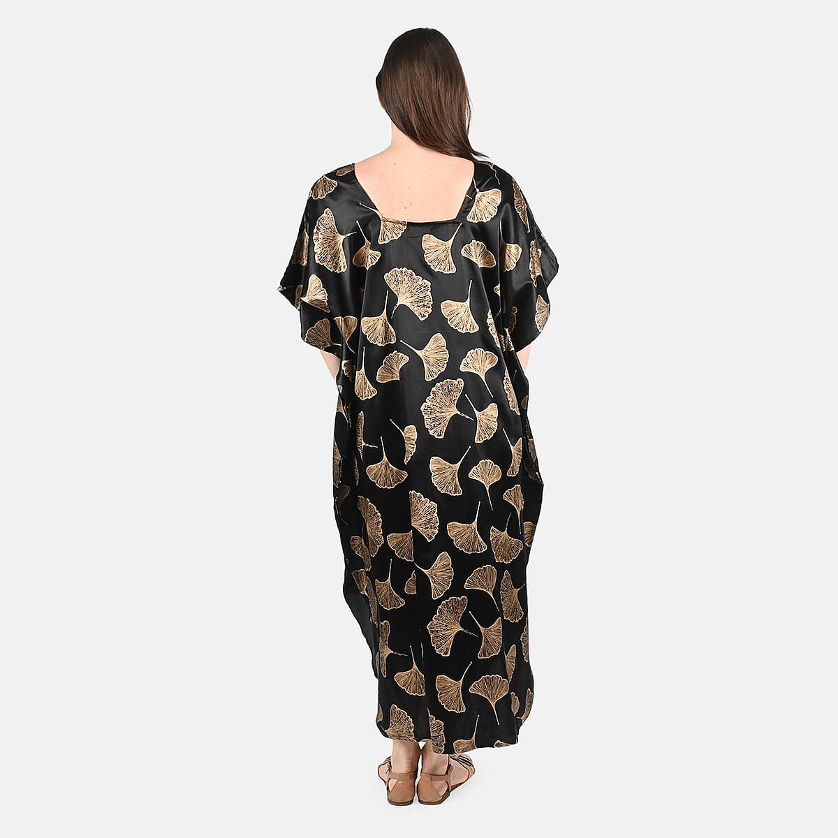 Tamsy Golden Leaf Print Silk Blend Square Neck Kaftan - One Size Fits Most image number 1