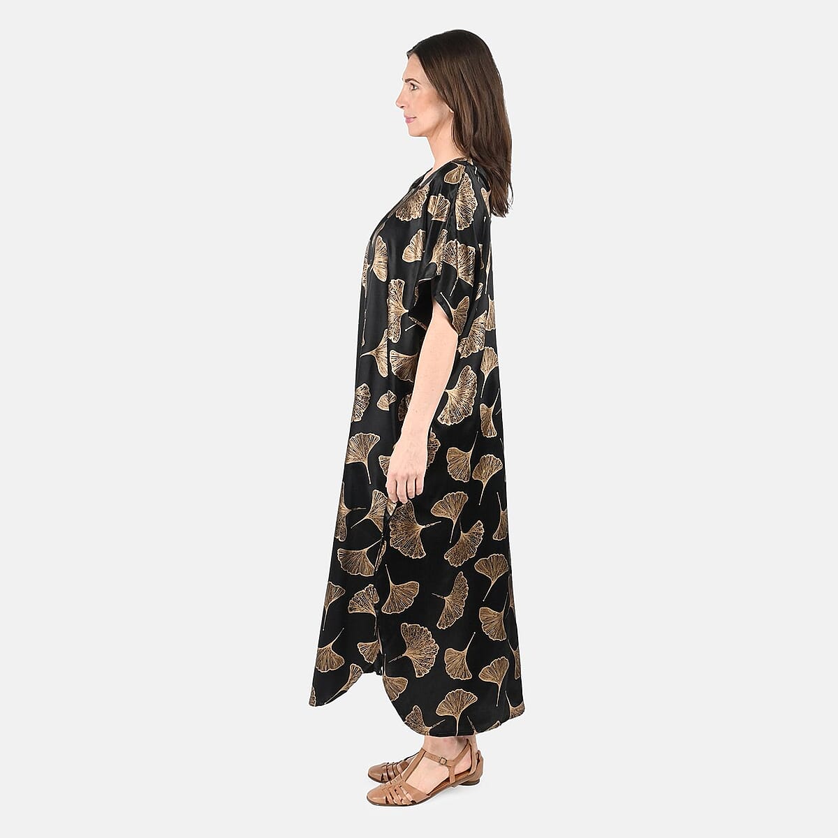 Tamsy Golden Leaf Print Silk Blend Square Neck Kaftan - One Size Fits Most image number 2