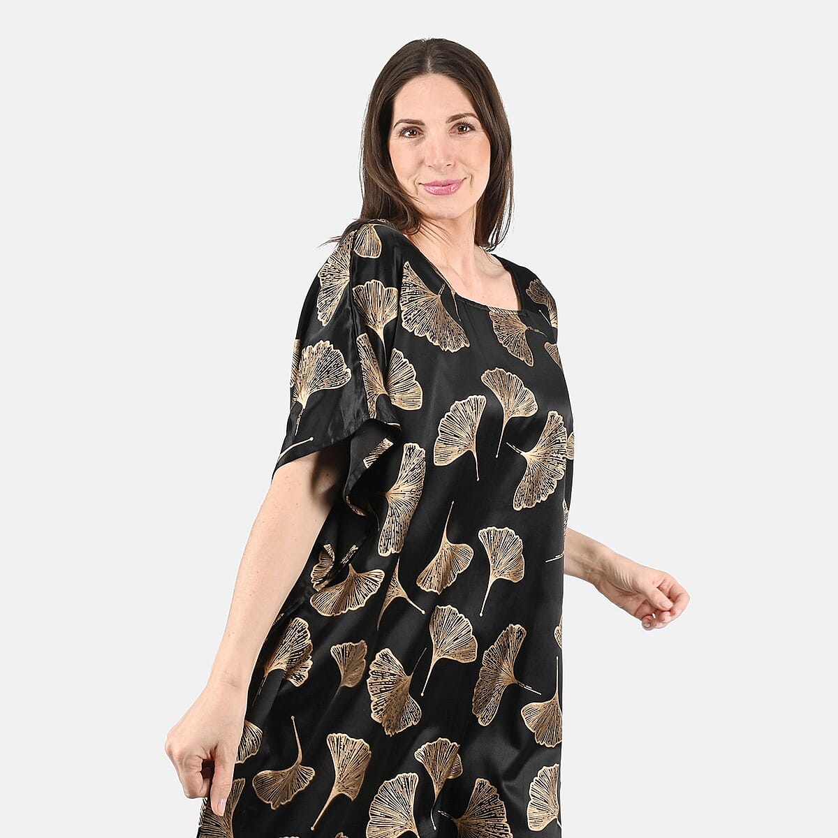 Tamsy Golden Leaf Print Silk Blend Square Neck Kaftan - One Size Fits Most image number 3