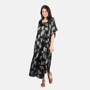 Tamsy Silver Leaf Print Silk Blend Square Neck Kaftan - One Size Fits Most