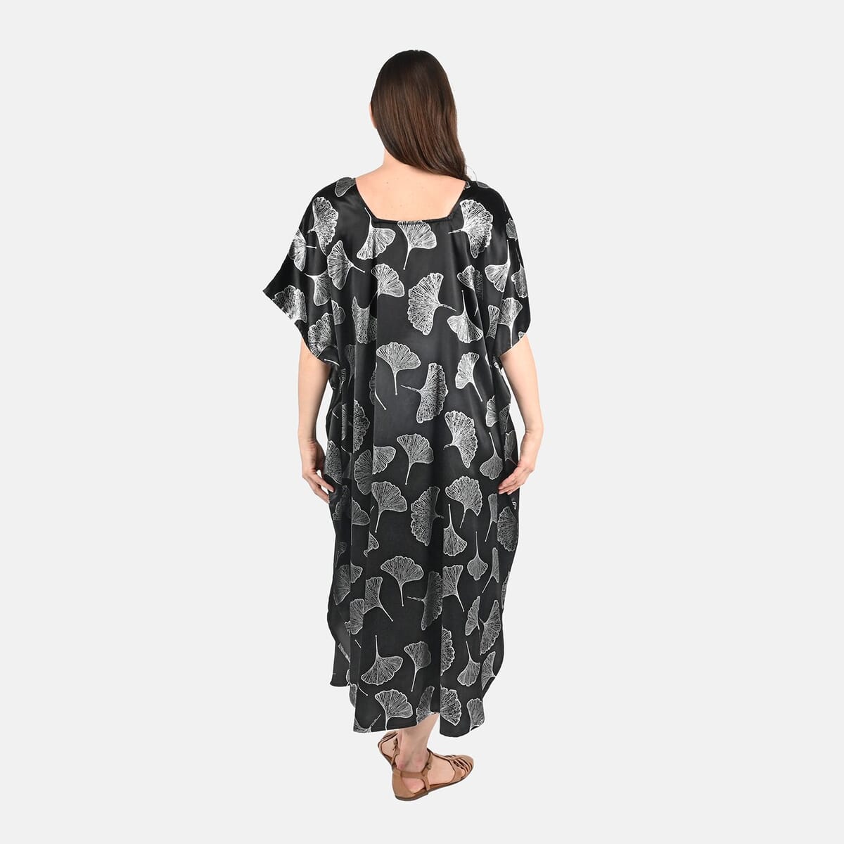 Tamsy Silver Leaf Print Silk Blend Square Neck Kaftan - One Size Fits Most image number 1