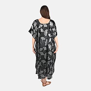 Tamsy Silver Leaf Print Silk Blend Square Neck Kaftan - One Size Fits Most