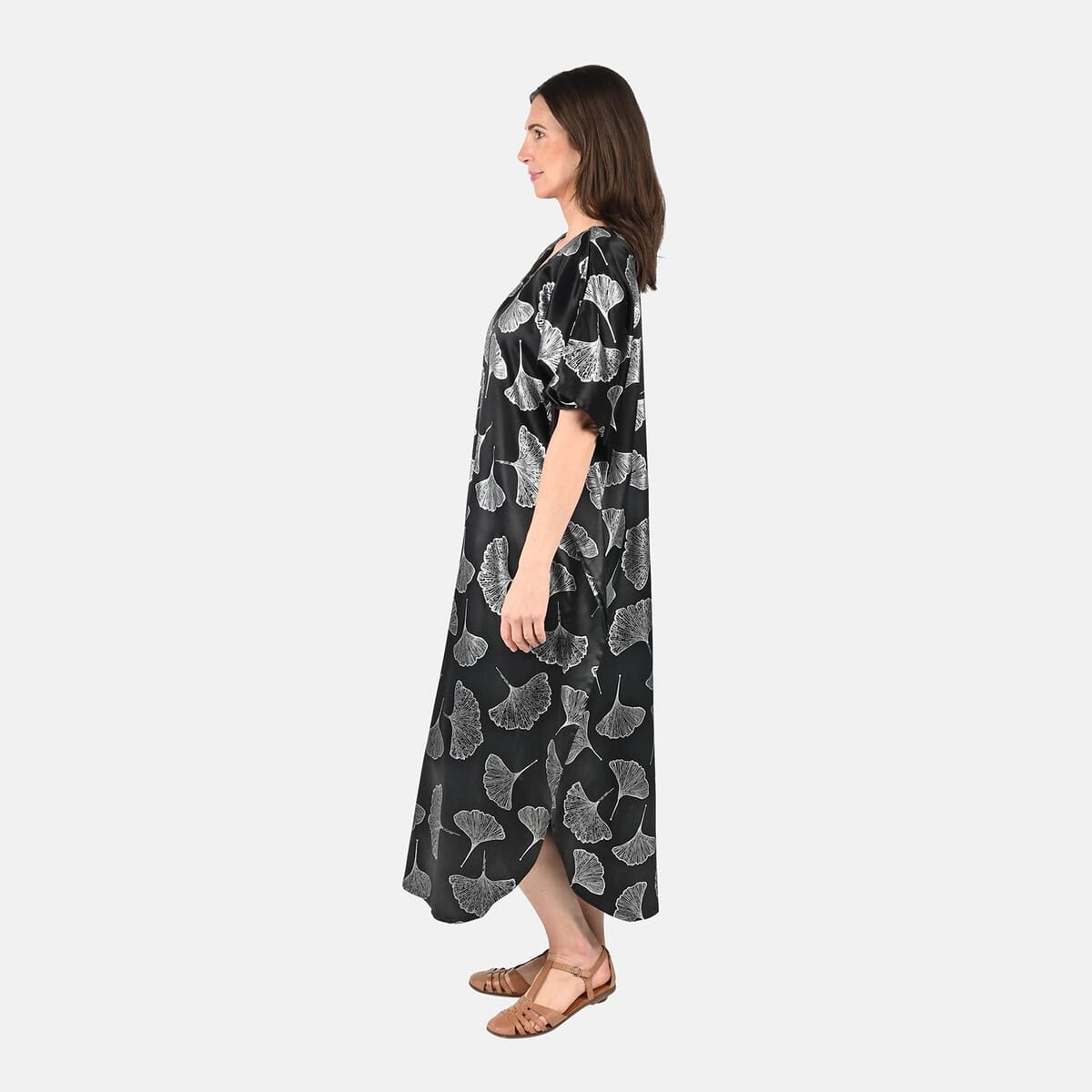 Tamsy Silver Leaf Print Silk Blend Square Neck Kaftan - One Size Fits Most image number 2