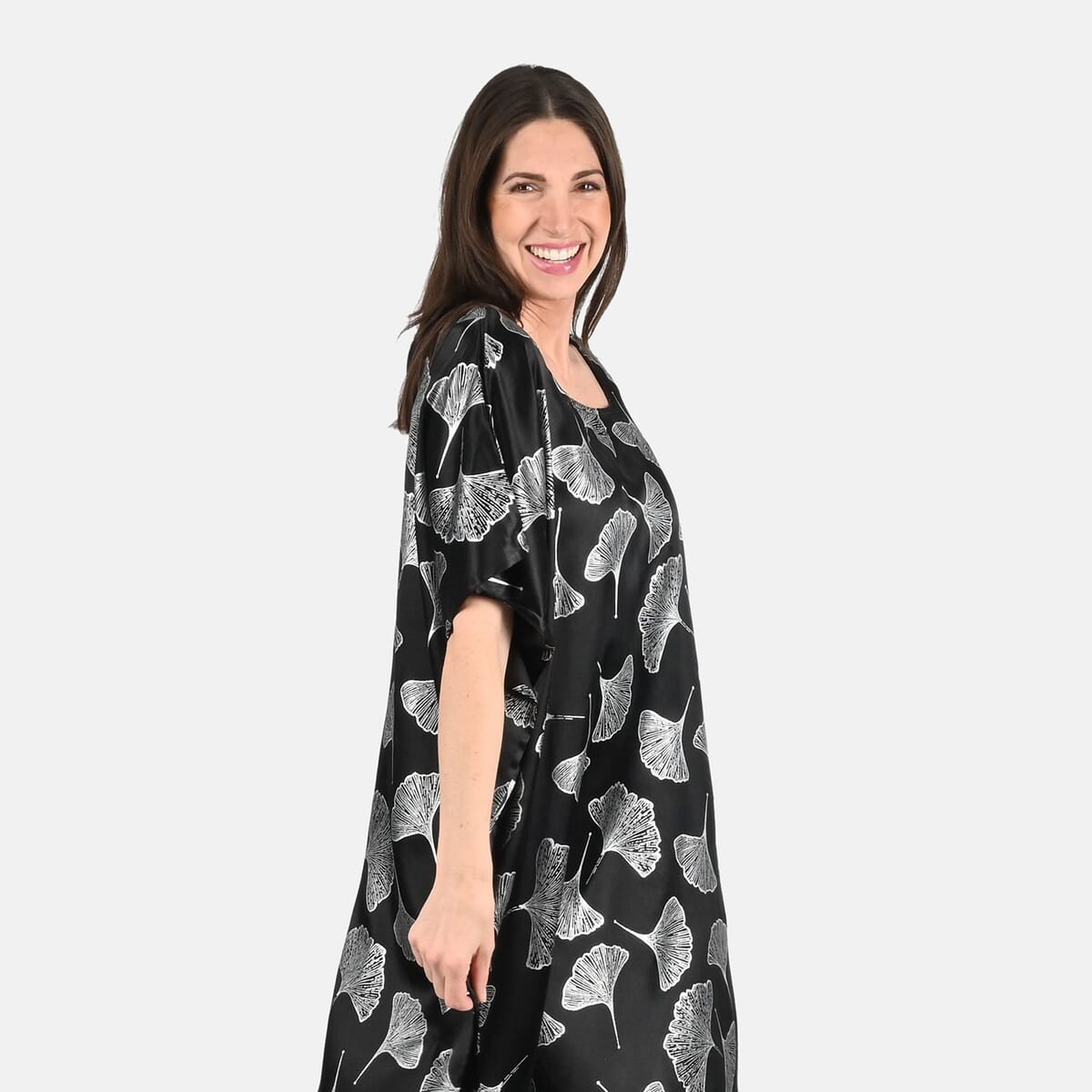 Tamsy Silver Leaf Print Silk Blend Square Neck Kaftan - One Size Fits Most image number 3