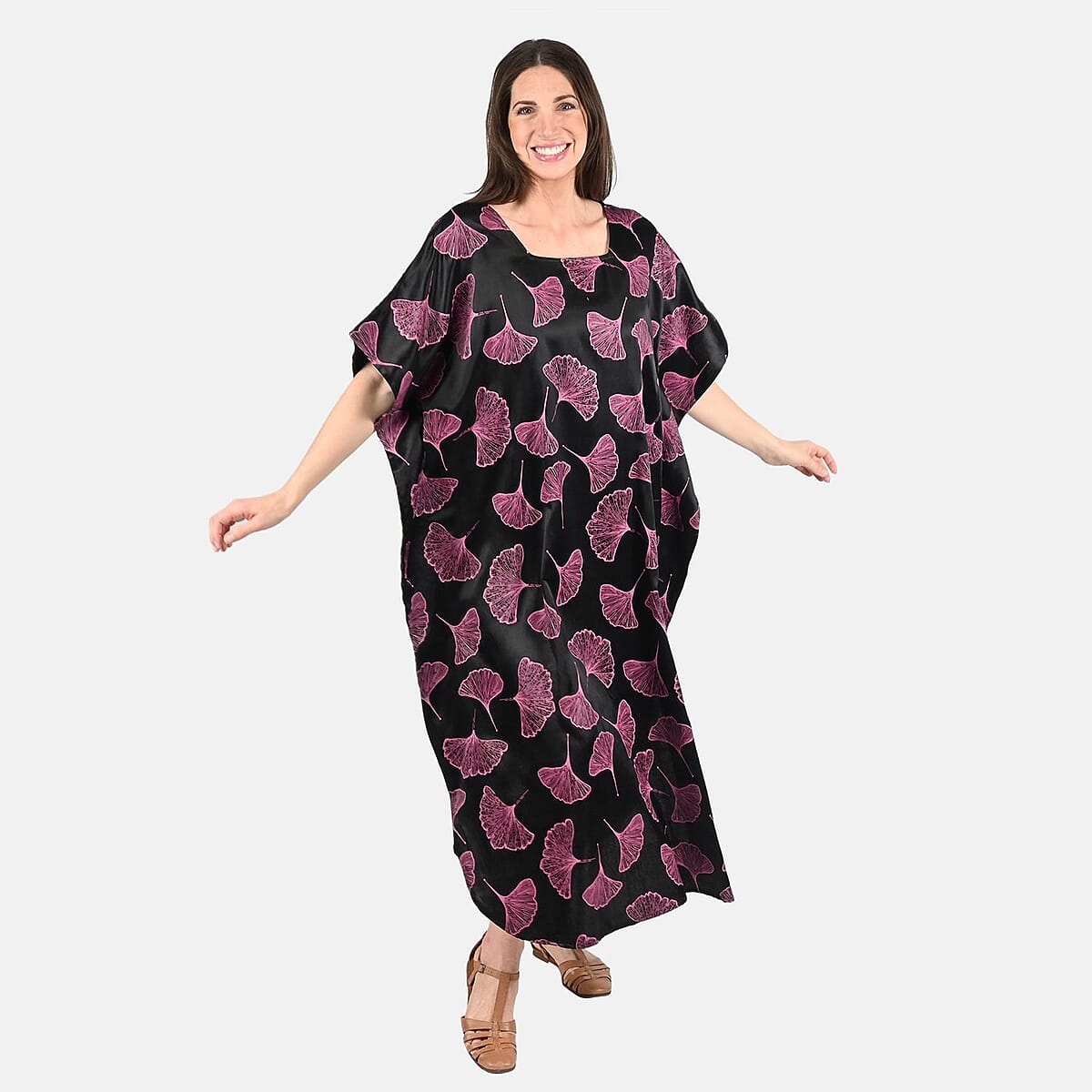 Tamsy Pink Leaf Print Silk Blend Square Neck Kaftan - One Size Fits Most image number 0