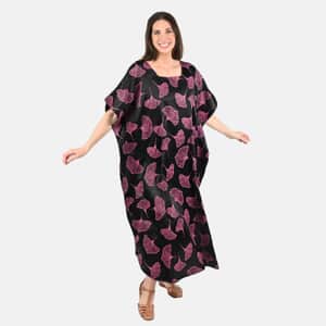 Tamsy Pink Leaf Print Silk Blend Square Neck Kaftan - One Size Fits Most