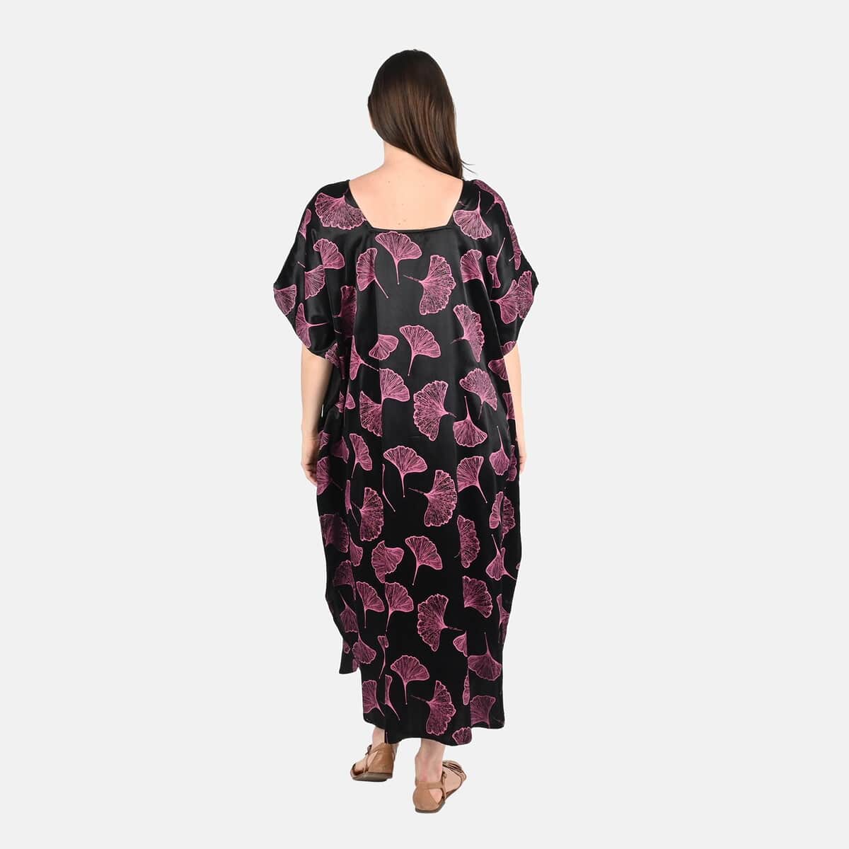 Tamsy Pink Leaf Print Silk Blend Square Neck Kaftan - One Size Fits Most image number 1
