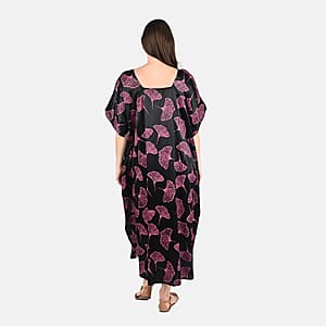 Tamsy Pink Leaf Print Silk Blend Square Neck Kaftan - One Size Fits Most