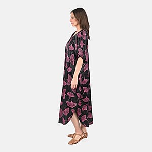 Tamsy Pink Leaf Print Silk Blend Square Neck Kaftan - One Size Fits Most