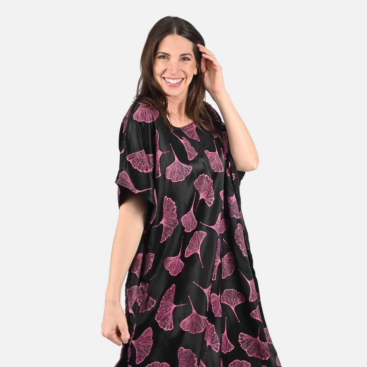 Tamsy Pink Leaf Print Silk Blend Square Neck Kaftan - One Size Fits Most image number 3