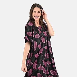 Tamsy Pink Leaf Print Silk Blend Square Neck Kaftan - One Size Fits Most