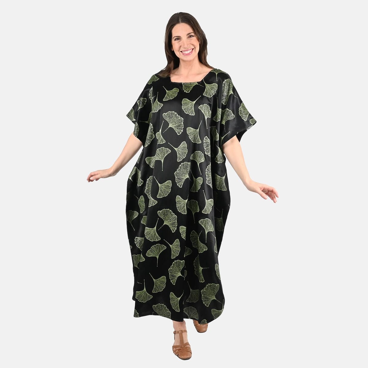 Tamsy Green Leaf Print Silk Blend Square Neck Kaftan - One Size Fits Most image number 0