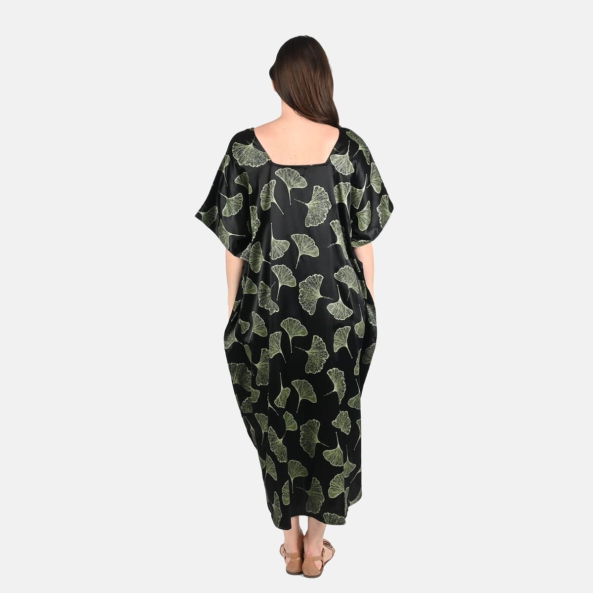 Tamsy Green Leaf Print Silk Blend Square Neck Kaftan - One Size Fits Most image number 1